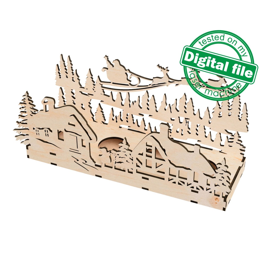 DXF, SVG files for laser Сandle holder Winter village, Santa Claus with reindeer flying in a sleigh, enchanted forest, Christmas decoration