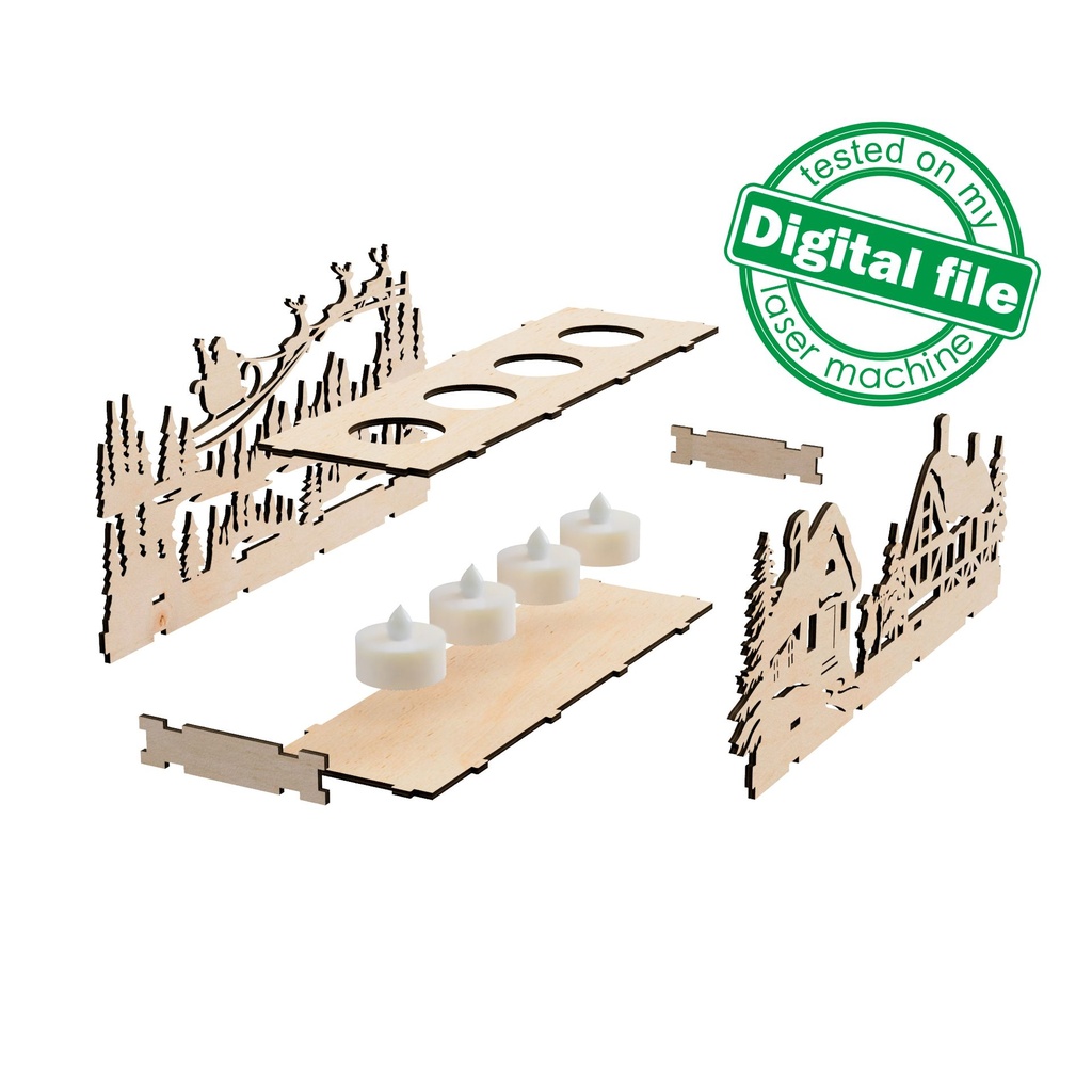 DXF, SVG files for laser Сandle holder Winter village, Santa Claus with reindeer flying in a sleigh, enchanted forest, Christmas decoration