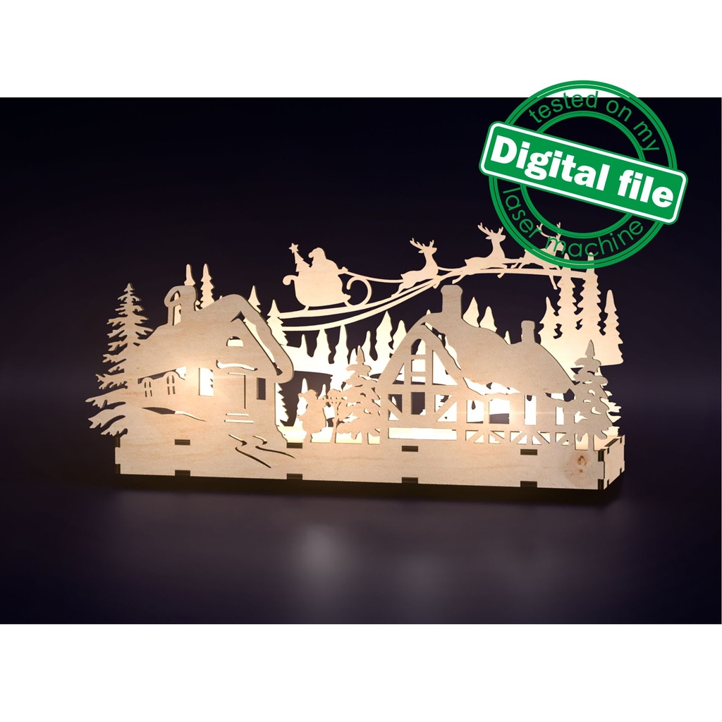 DXF, SVG files for laser Сandle holder Winter village, Santa Claus with reindeer flying in a sleigh, enchanted forest, Christmas decoration