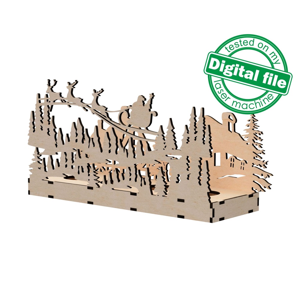 DXF, SVG files for laser Сandle holder Winter village, Santa Claus with reindeer flying in a sleigh, enchanted forest, Christmas decoration