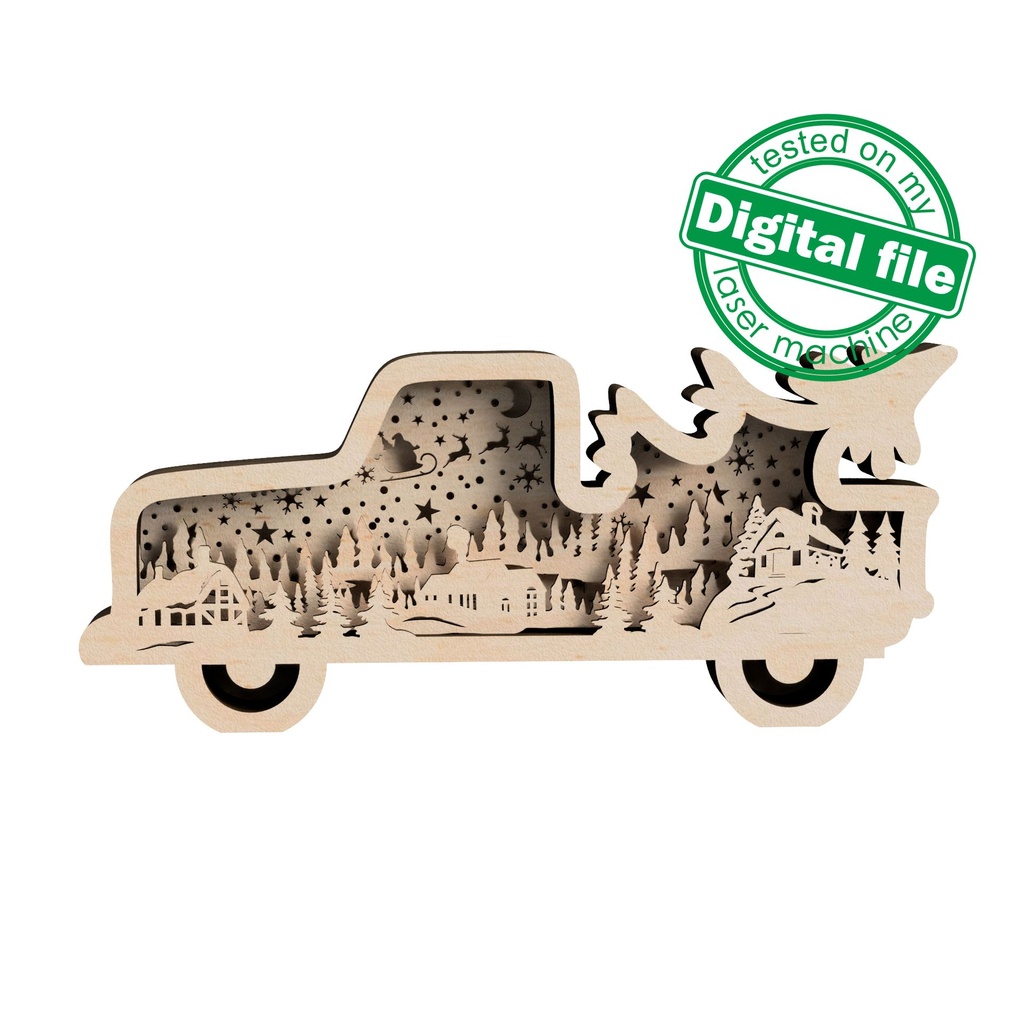 DXF, SVG files for laser Light-UP Christmas retro Truck, Winter Village, Flying Reindeer, Santa Claus, Layered wooden light box, Shadow box