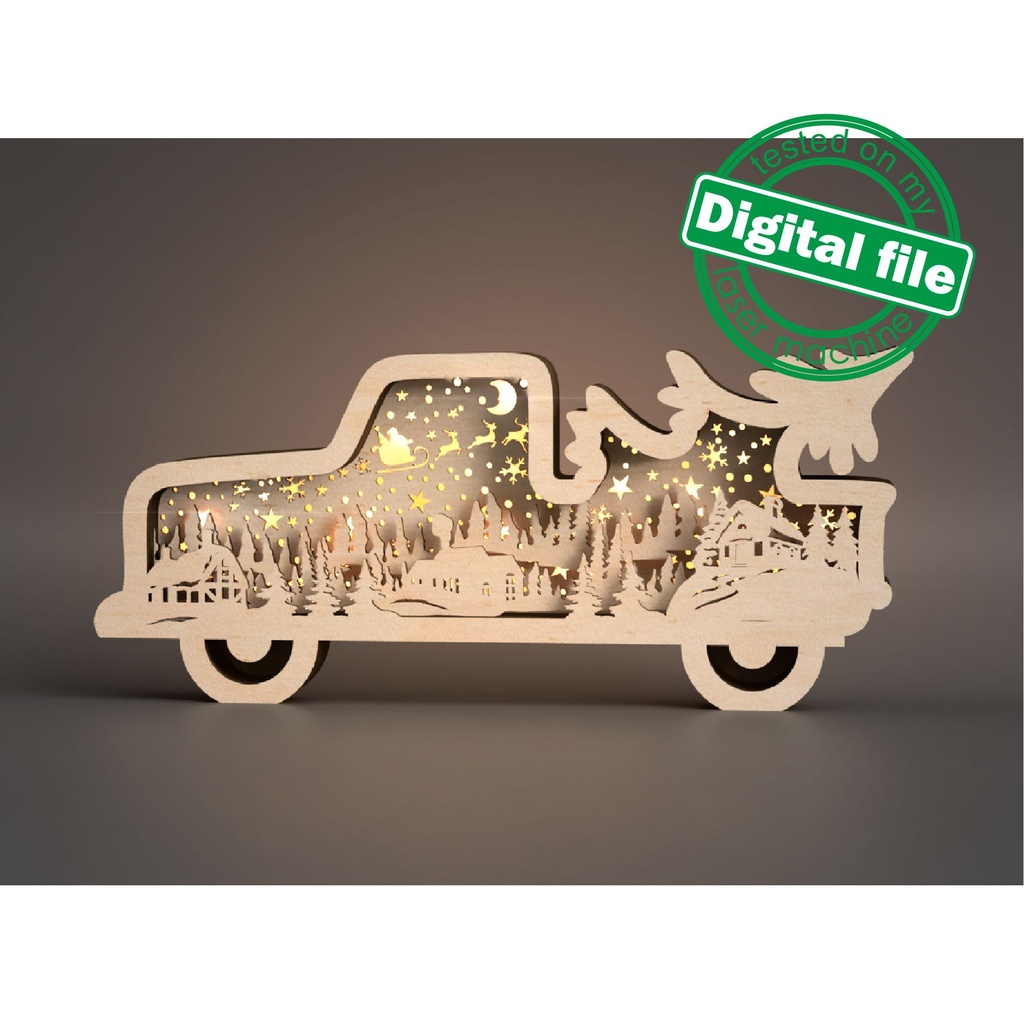 DXF, SVG files for laser Light-UP Christmas retro Truck, Winter Village, Flying Reindeer, Santa Claus, Layered wooden light box, Shadow box