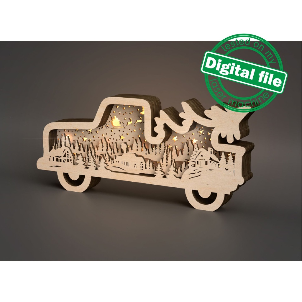 DXF, SVG files for laser Light-UP Christmas retro Truck, Winter Village, Flying Reindeer, Santa Claus, Layered wooden light box, Shadow box