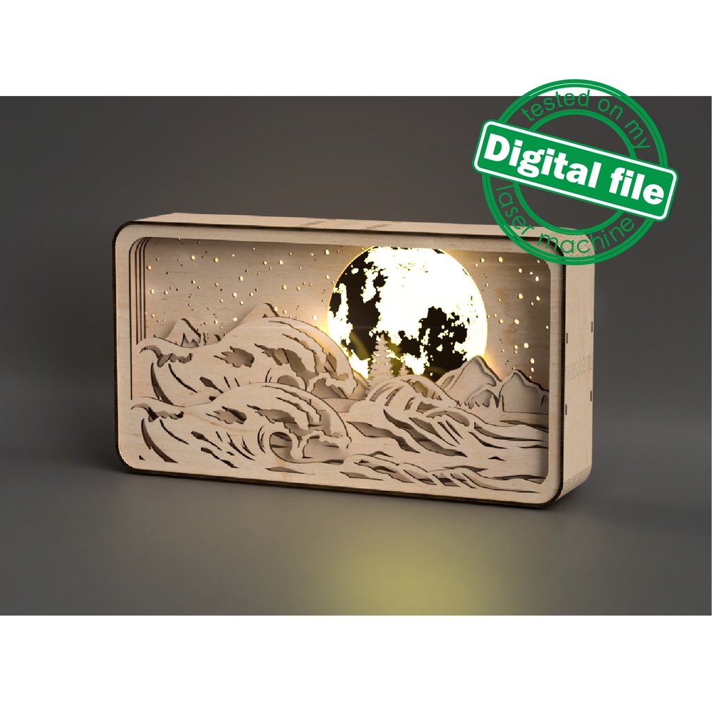 DXF, SVG files for Light Box Raging waves, mountains, ocean, Engraved Moon, Glowing moon, flexible plywood, Glowforge ready file