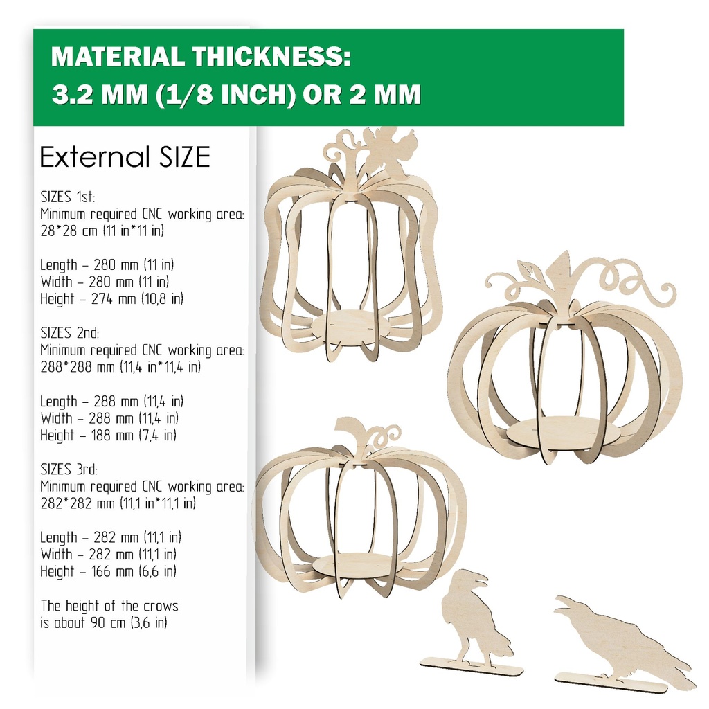 DXF, SVG files for laser Wooden Pumpkin Lanterns, Fall Decoration, Harvest 3D Puzzle, 3 Different Design, Crows, Halloween, Thanksgiving Day
