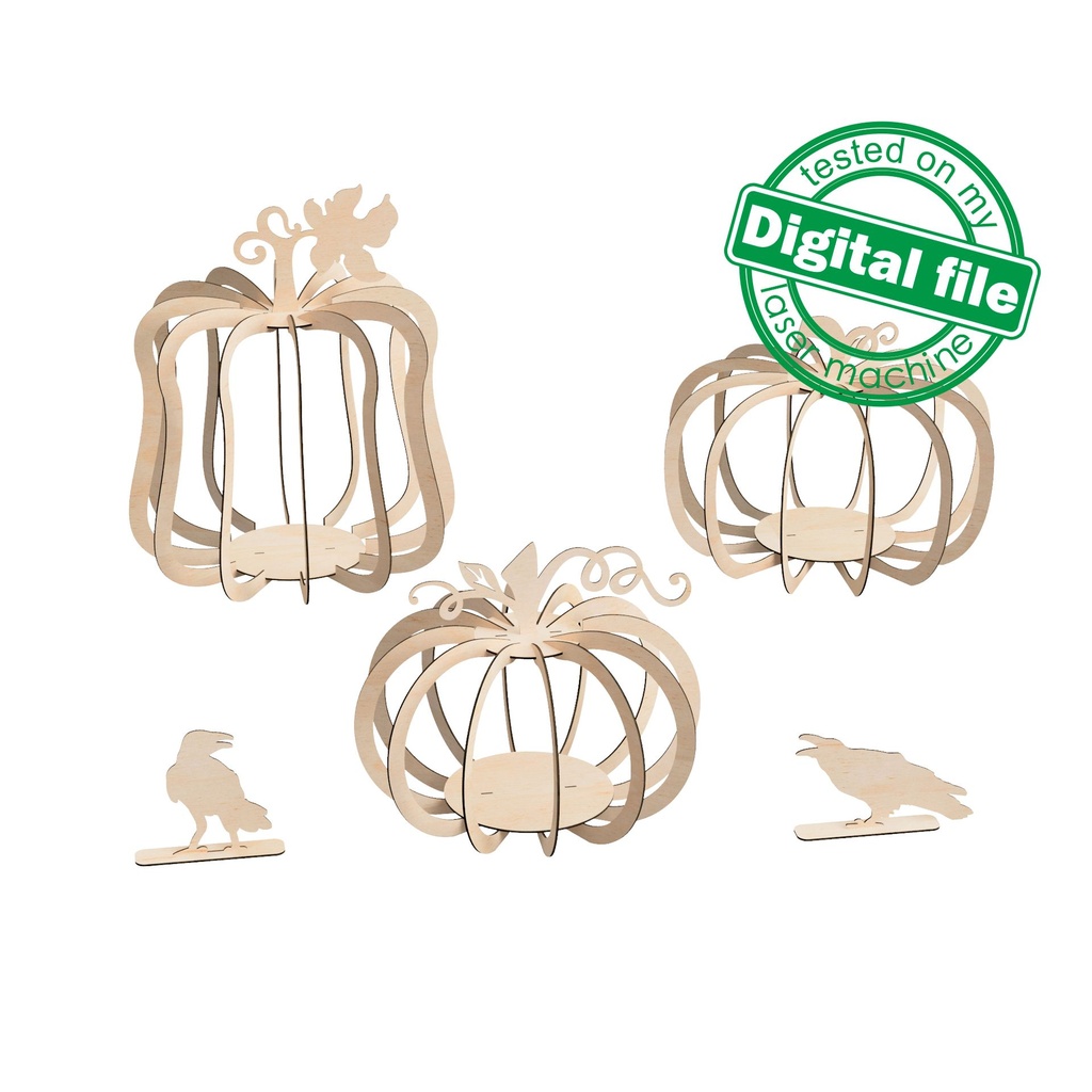 DXF, SVG files for laser Wooden Pumpkin Lanterns, Fall Decoration, Harvest 3D Puzzle, 3 Different Design, Crows, Halloween, Thanksgiving Day