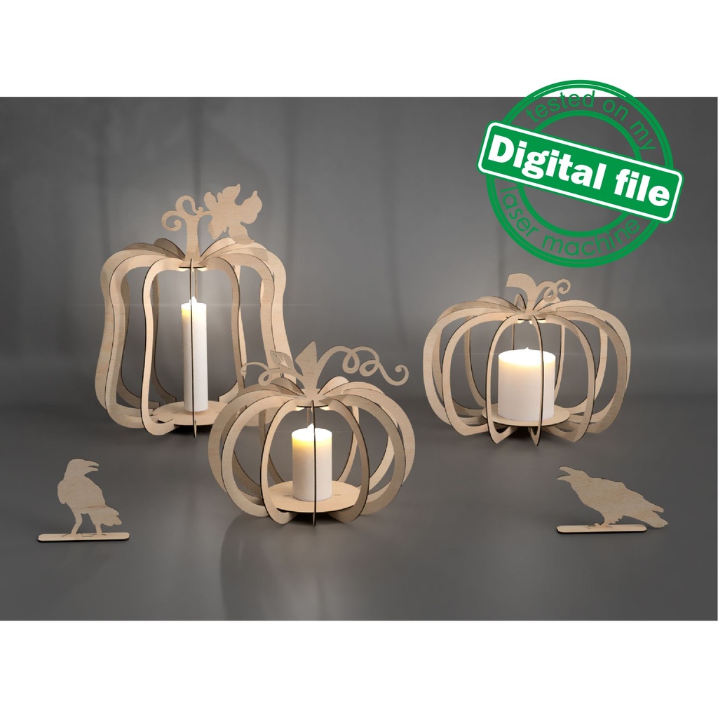 DXF, SVG files for laser Wooden Pumpkin Lanterns, Fall Decoration, Harvest 3D Puzzle, 3 Different Design, Crows, Halloween, Thanksgiving Day