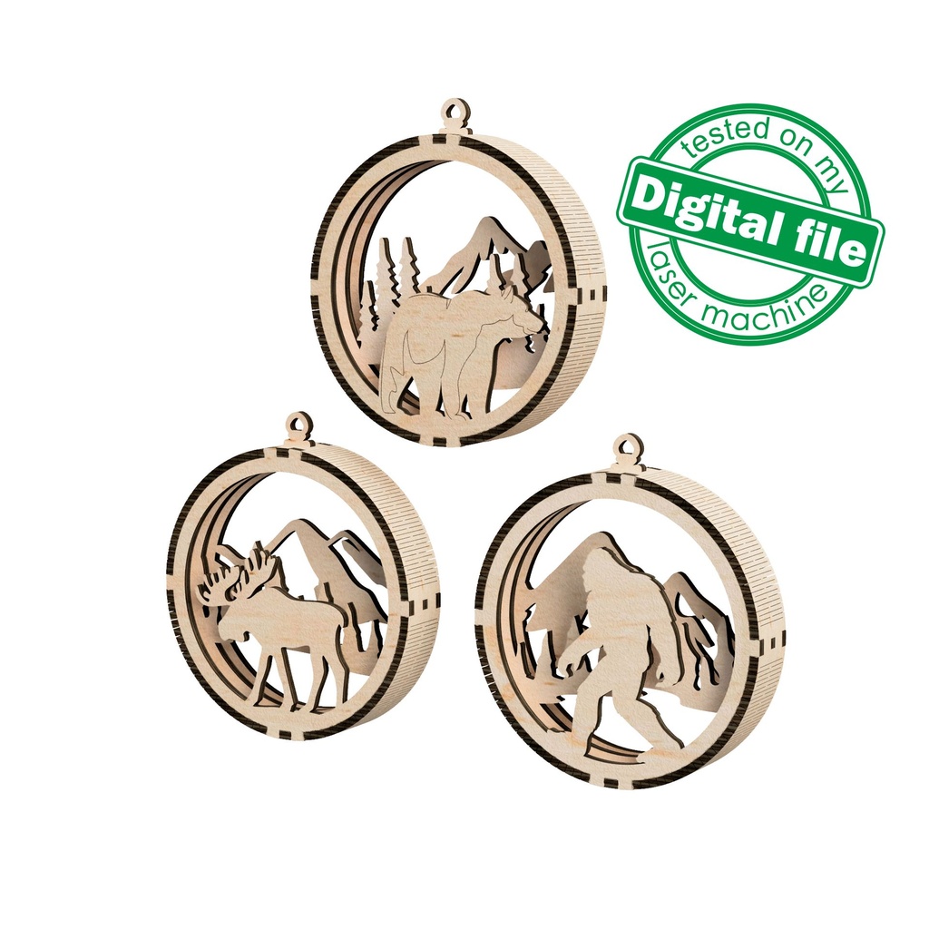 DXF, SVG files for laser 3D Christmas Tree Ornament, Mountains, Winter forest, Yeti, Elk, Polar Bear, Moose, Bigfoot, Sasquatch, template