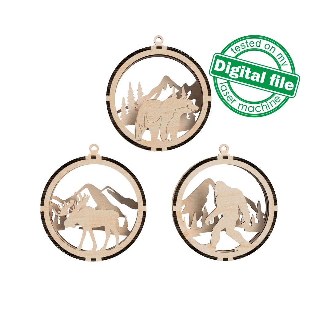 DXF, SVG files for laser 3D Christmas Tree Ornament, Mountains, Winter forest, Yeti, Elk, Polar Bear, Moose, Bigfoot, Sasquatch, template