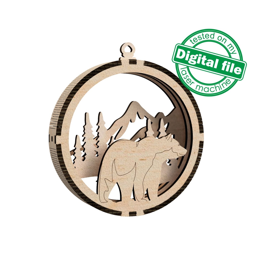 DXF, SVG files for laser 3D Christmas Tree Ornament, Mountains, Winter forest, Yeti, Elk, Polar Bear, Moose, Bigfoot, Sasquatch, template