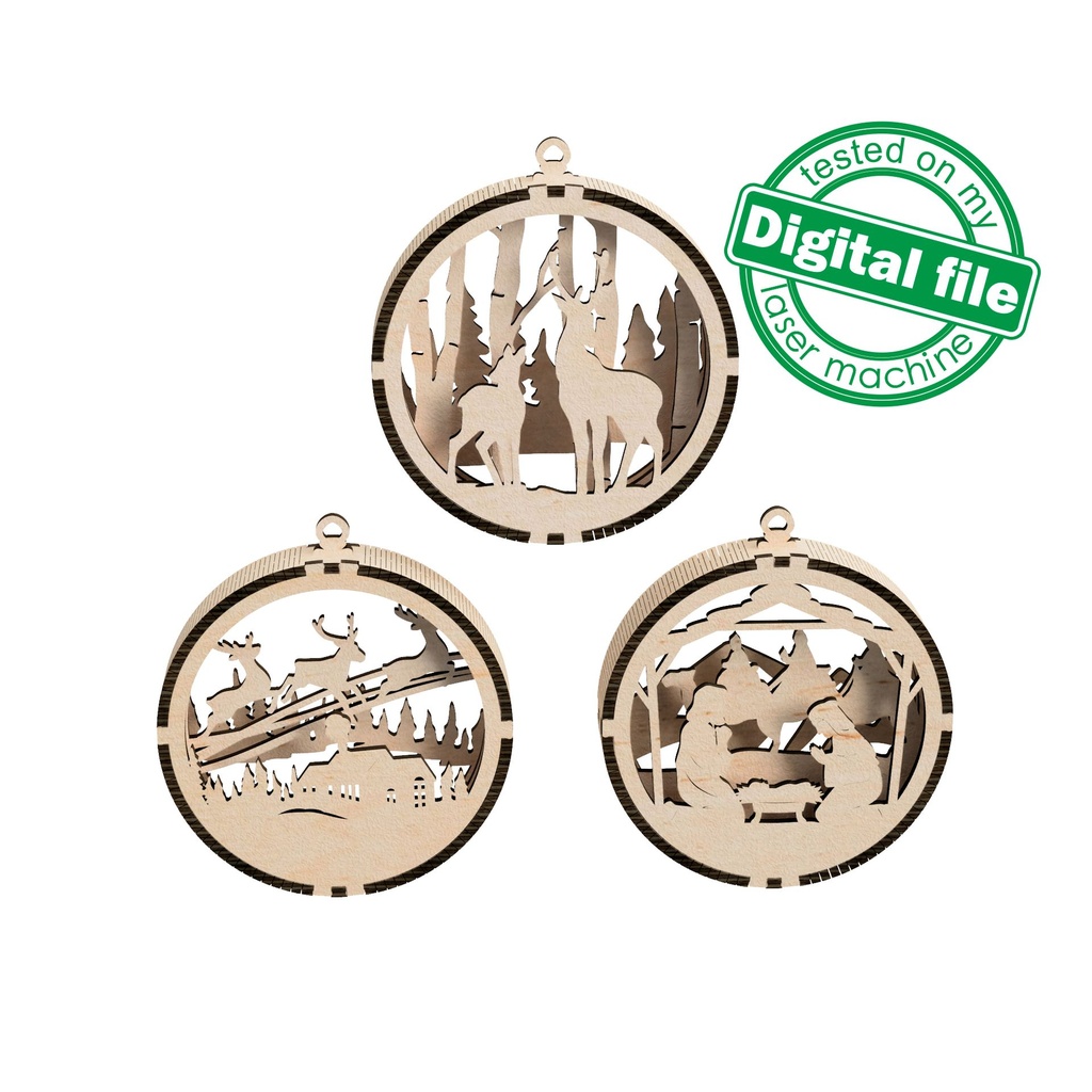 DXF, SVG files for cutting, 3D Christmas Tree Ornament, Winter forest, Old Village, Flying Reindeer, Star of Bethlehem,Baby Jesus,Holy Night