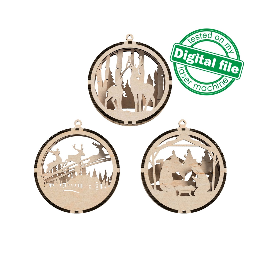 DXF, SVG files for cutting, 3D Christmas Tree Ornament, Winter forest, Old Village, Flying Reindeer, Star of Bethlehem,Baby Jesus,Holy Night