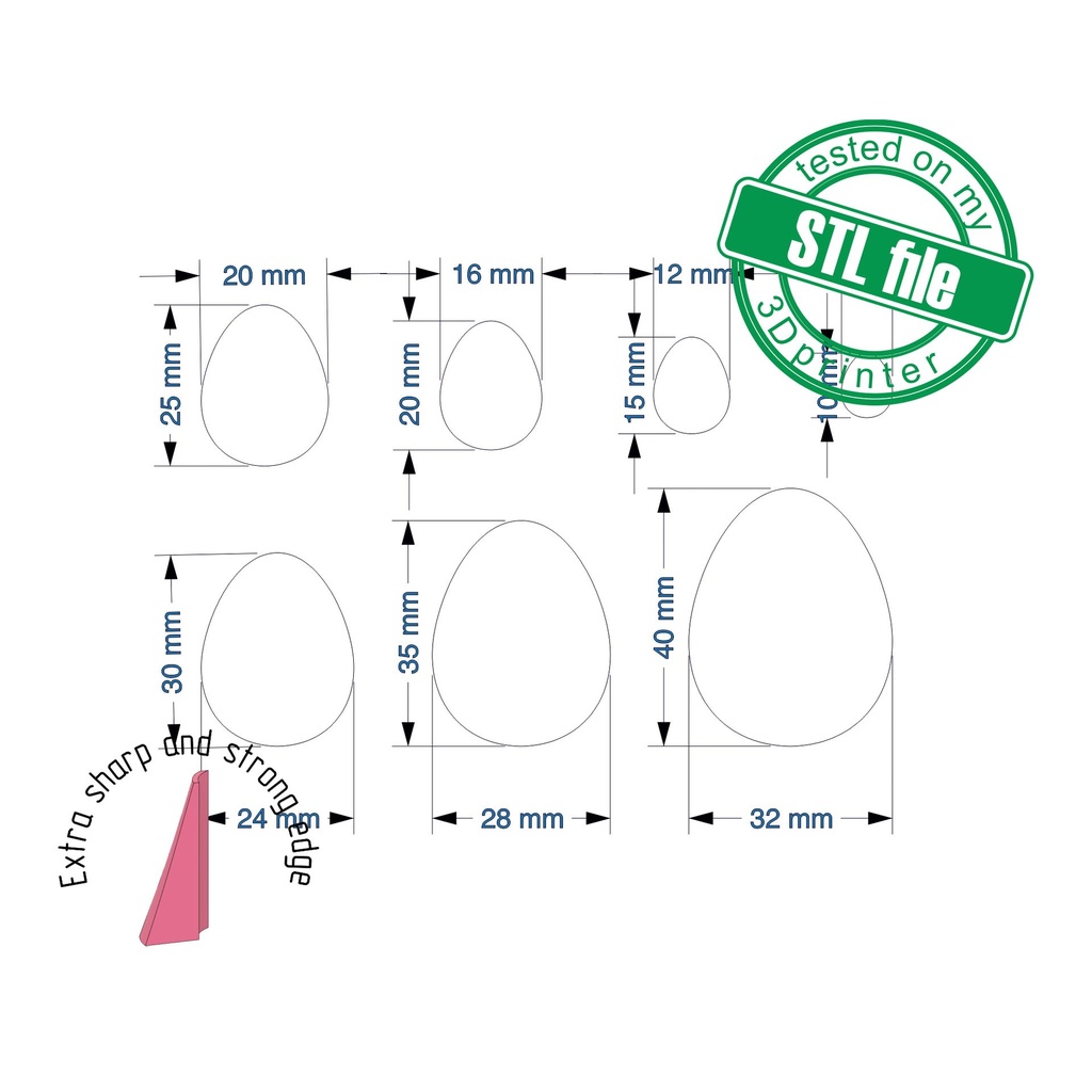Basic Shapes Hearts, Soft drop, egg, 7 Sizes, Digital STL File For 3D Printing, Polymer Clay Cutter, St Valentine, 5 different designs (copy)