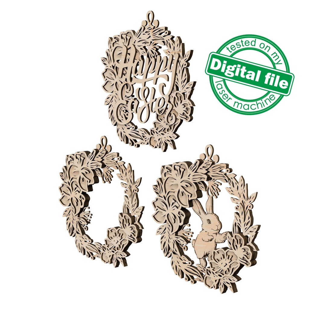 DXF, SVG files for laser Flower Wreath, 3 Options, Rabbit, Happy Easter ...