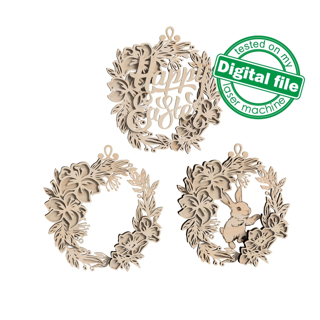DXF, SVG files for laser Flower Wreath, 3 Options, Rabbit, Happy Easter ...