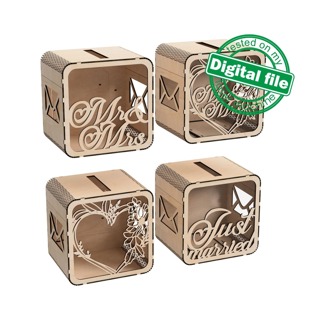 DXF, SVG files for laser Wedding card box, money box, Engagement Card Box, Wedding Decor, Piggy bank, door and lock, Material 1/8'' (3.2 mm)