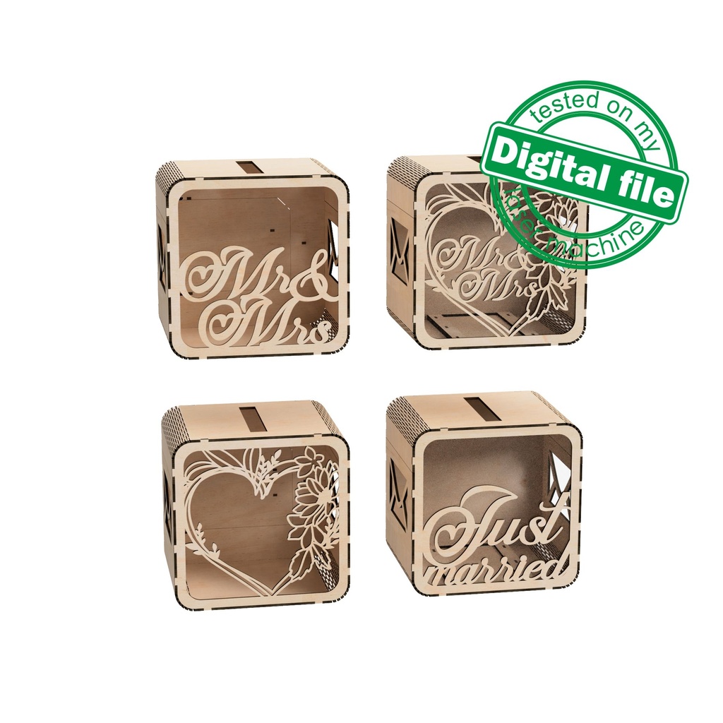 DXF, SVG files for laser Wedding card box, money box, Engagement Card Box, Wedding Decor, Piggy bank, door and lock, Material 1/8'' (3.2 mm)