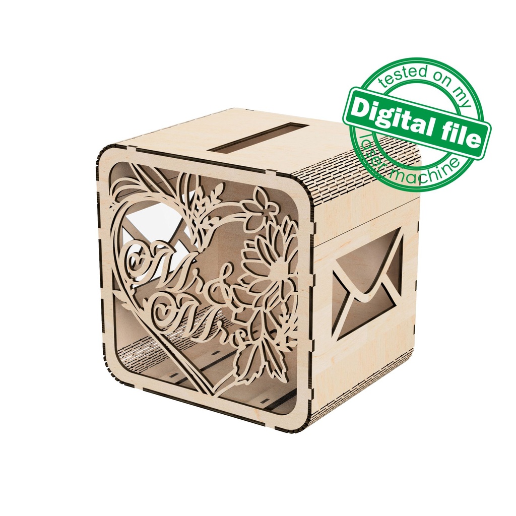 DXF, SVG files for laser Wedding card box, money box, Engagement Card Box, Wedding Decor, Piggy bank, door and lock, Material 1/8'' (3.2 mm)