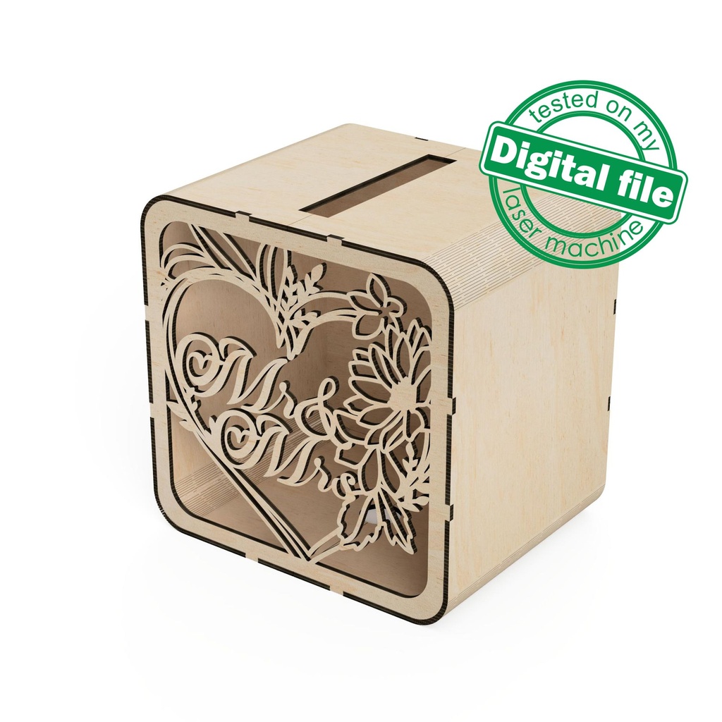 DXF, SVG files for laser Wedding card box, money box, Engagement Card Box, Wedding Decor, Piggy bank, door and lock, Material 1/8'' (3.2 mm)