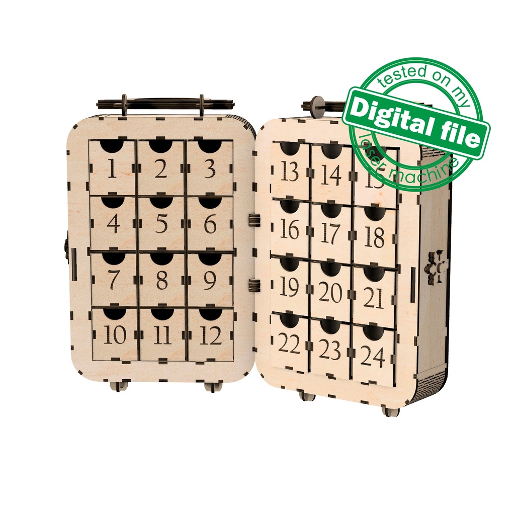 DXF, SVG file for laser Advent calendar Vintage Suitcase, Christmas bell with bow, snowflakes, holly night, poinsettia Plywood or MDF 3.2 mm