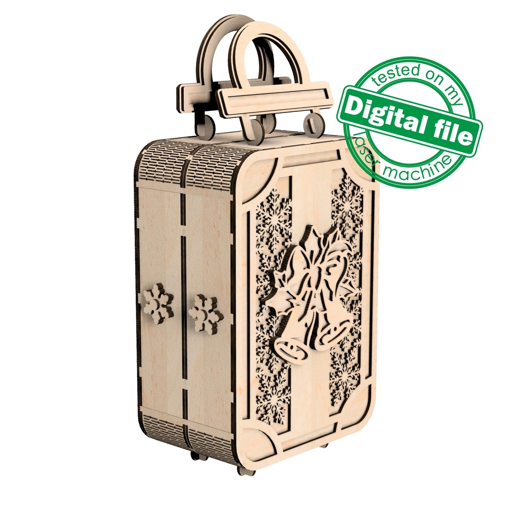 DXF, SVG file for laser Advent calendar Vintage Suitcase, Christmas bell with bow, snowflakes, holly night, poinsettia Plywood or MDF 3.2 mm