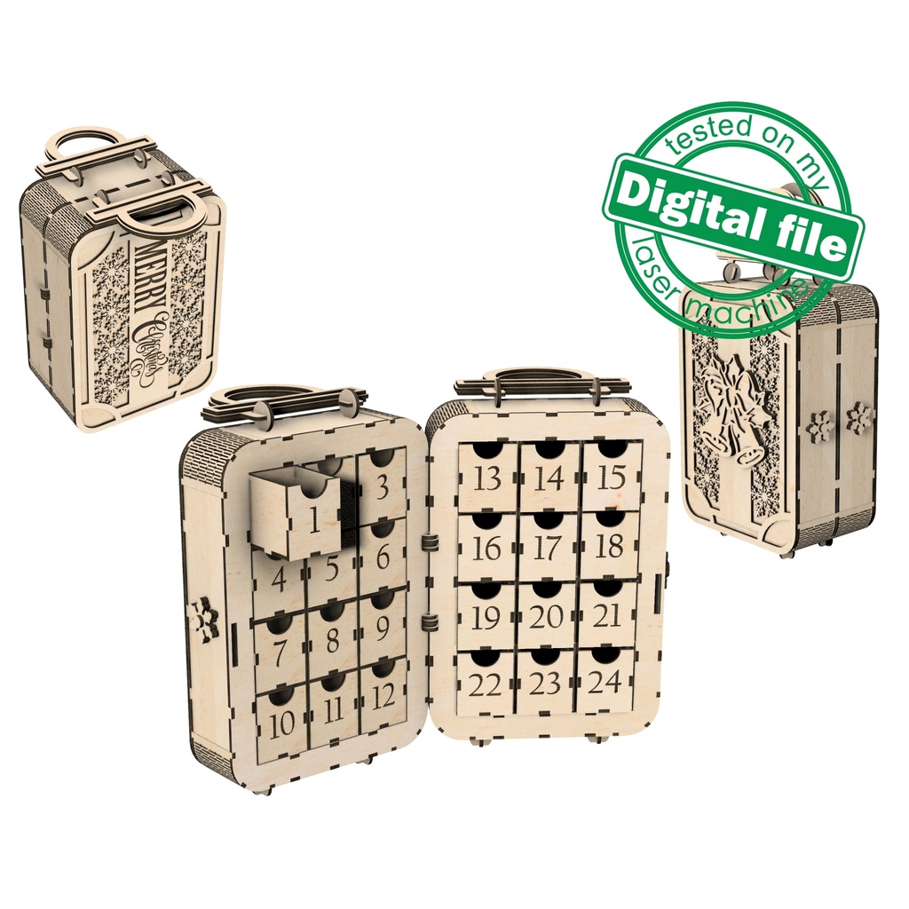 DXF, SVG file for laser Advent calendar Vintage Suitcase, Christmas bell with bow, snowflakes, holly night, poinsettia Plywood or MDF 3.2 mm