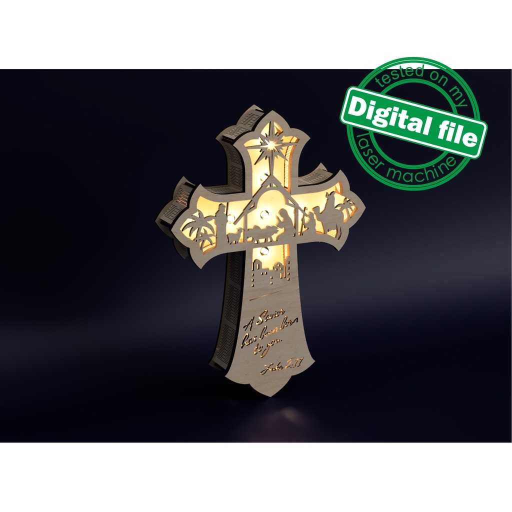 DXF, SVG files for laser Light Cross A Savior has been born to you, Layered Ornament pattern,shadow box, Led lantern,Material 1/8'' (3.2 mm)