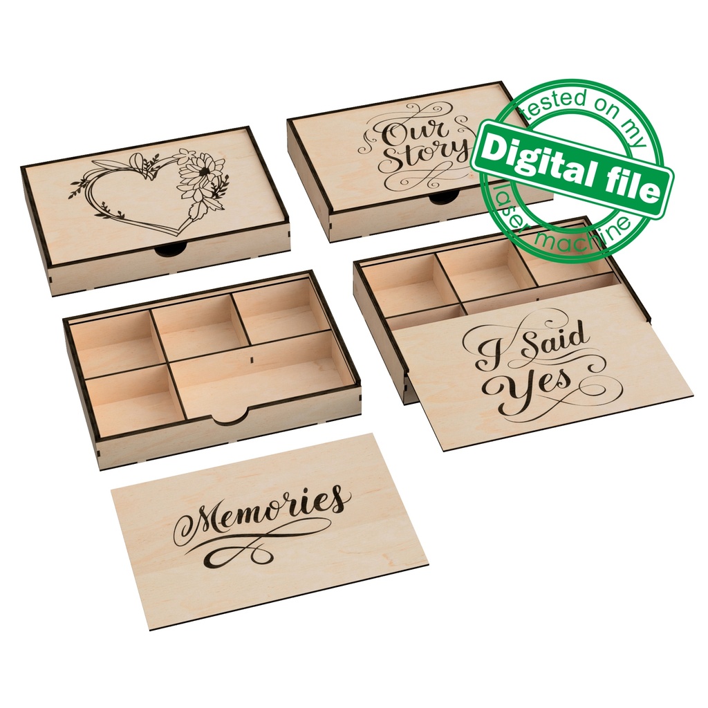 DXF, SVG files for Laser Cut Box with Sliding Lid, Drawers, Souvenir, Small Items Storage, Memorabilia, calligraphy, Material 1/8'' (3.2 mm)