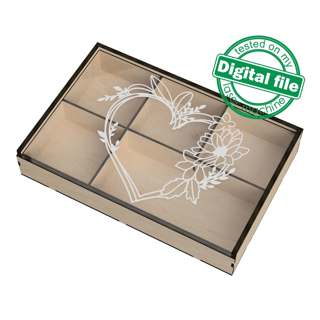 DXF, SVG files for laser Wedding box for magical memories with glass, sliding lid, calligraphy heart with flowers
