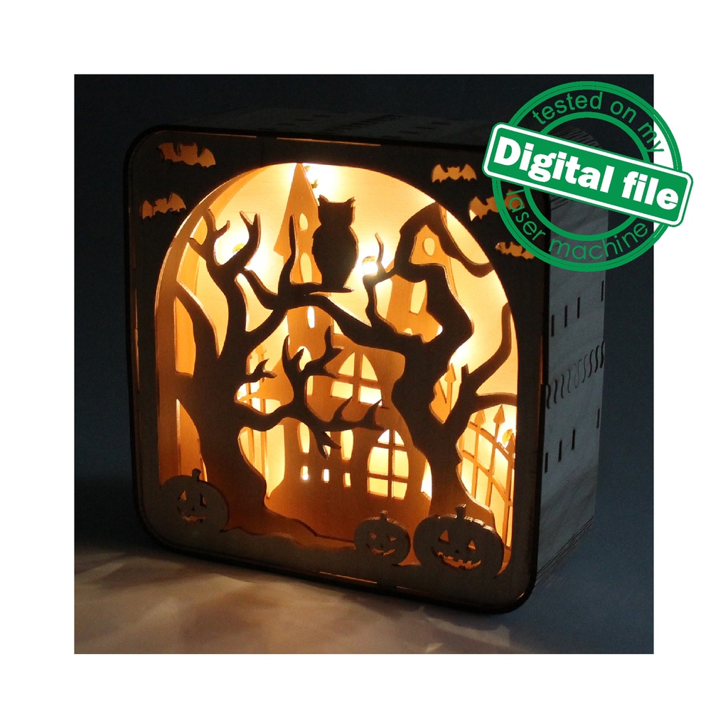 DXF, SVG files for laser Light box Halloween, Old castle, Pumpkins, Scary trees, Owl, Shadow box, Glowforge, Material 1/8 inch (3.2 mm)