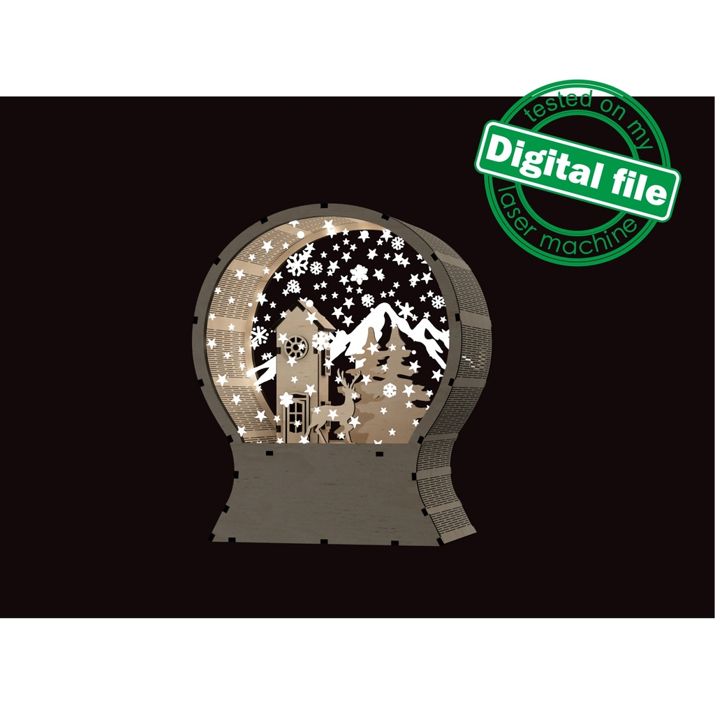 DXF, SVG files for laser Light Up Snow Globe,Christmas decor, winter forest, house, Christmas trees, deer, snow-capped mountains