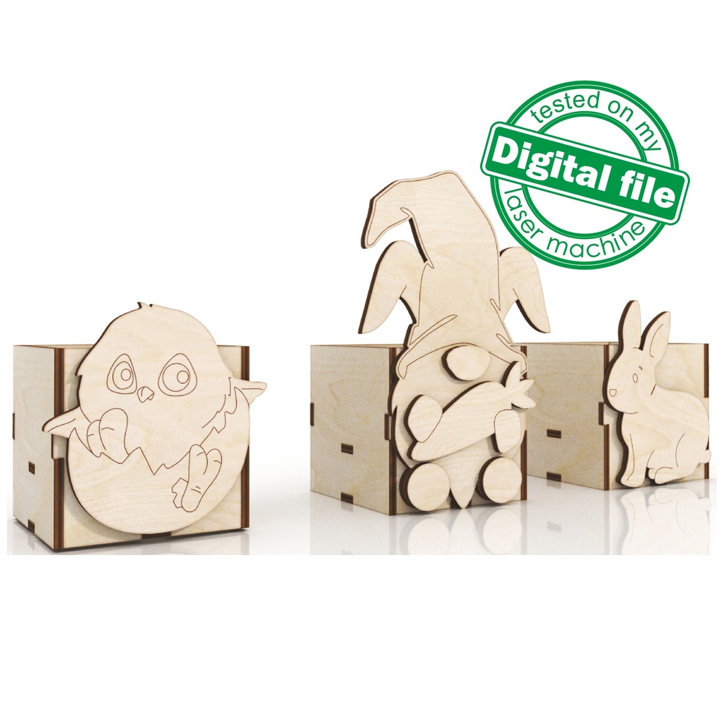 DXF, SVG files for laser Easter box egg stand Bunny, gnome, chicken, 3 different designs, Easter decor, Material 3.2mm (1/8'')