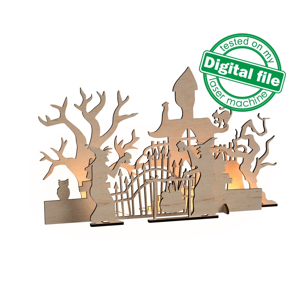 DXF, SVG files for laser cutting, Halloween decoration, Witches and old castle, scary trees, Window decor, light strip, Material 1/8'' (3mm)