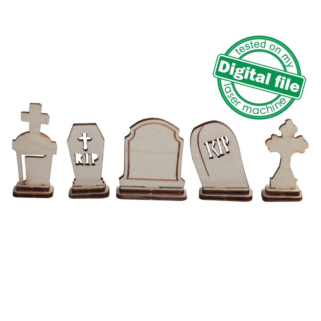 DXF, SVG files for laser Halloween Gravestones, 5 Different Design, Vector project, Glowforge, Material thickness 1/8 inch (3.2 mm)