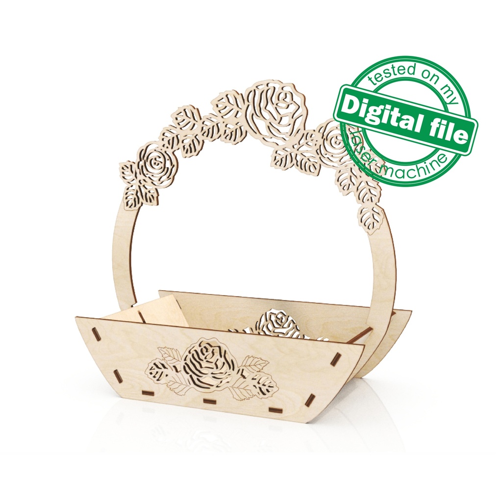 DXF, SVG files for laser Wooden basket with roses, Glowforge, Gift Ideas, Wedding Decoration, Material thickness 1/8 inch (3.2 mm)