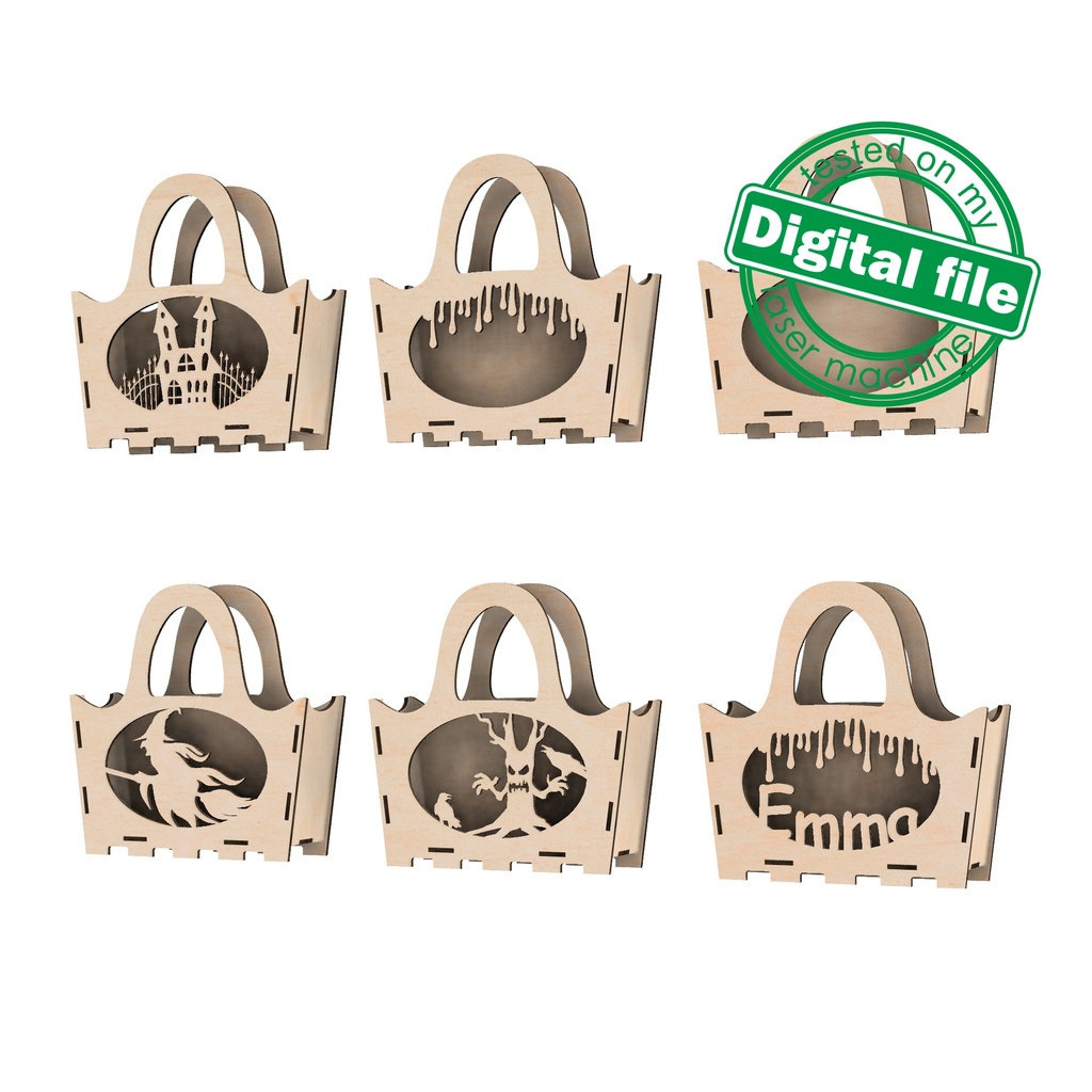 Halloween Treat Box SVG Bundle, 4 Laser Cut Gift Bag Designs, Haunted House, Witch, Slime, Tree & Crows, Editable Name, trick or treat