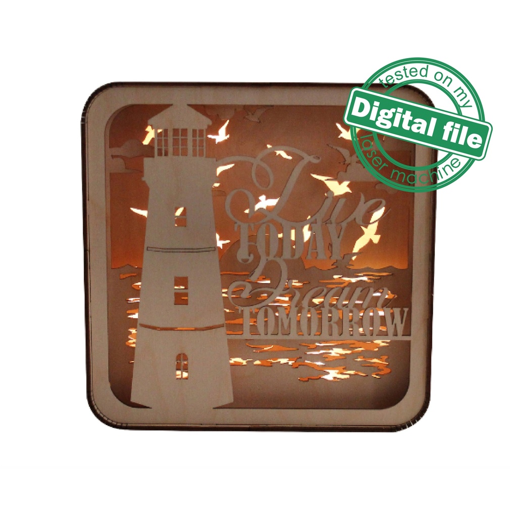 DXF, SVG files for laser Light box Lighthouse, Live today, dream tomorrow, Vector project, Glowforge, Material thickness 1/8 inch (3.2 mm)