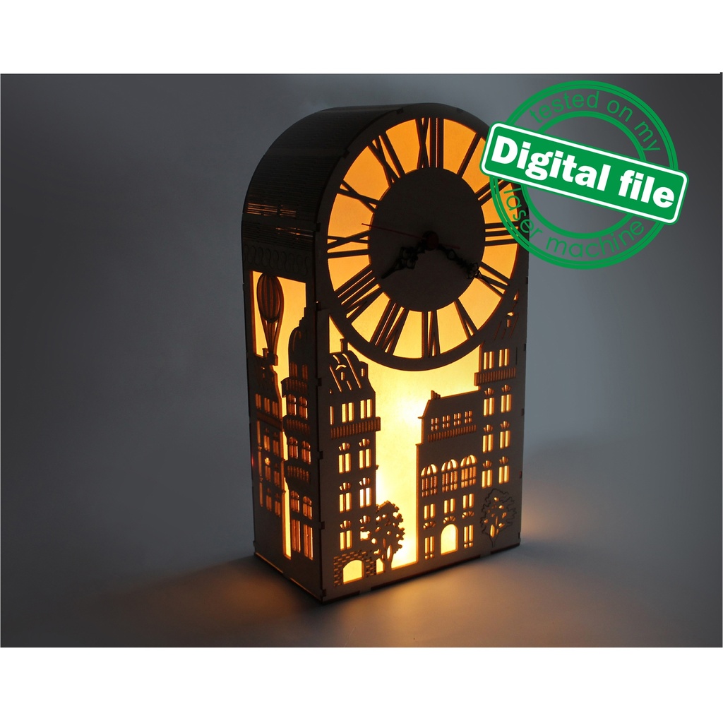 DXF, SVG files for laser Unique Modern clock Paris, Night Lamp, flexible plywood, Clock face, Glowforge ready, Material 1/8'' (3.2 mm)