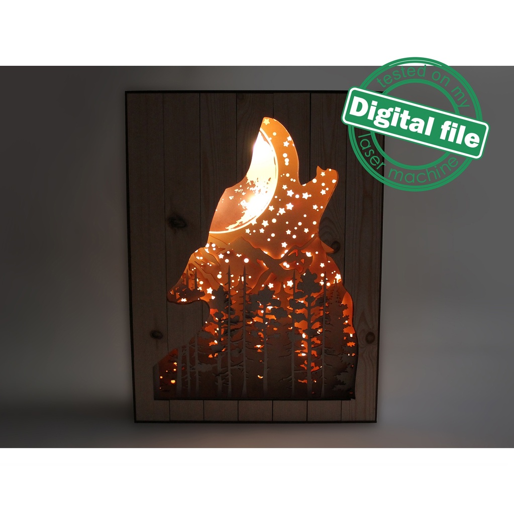 DXF, SVG files for 3D Laser Cut Large Wood Shadow Box, Multilayered Wood Sculptures, Forest, Howling Wolf, Glowing moon