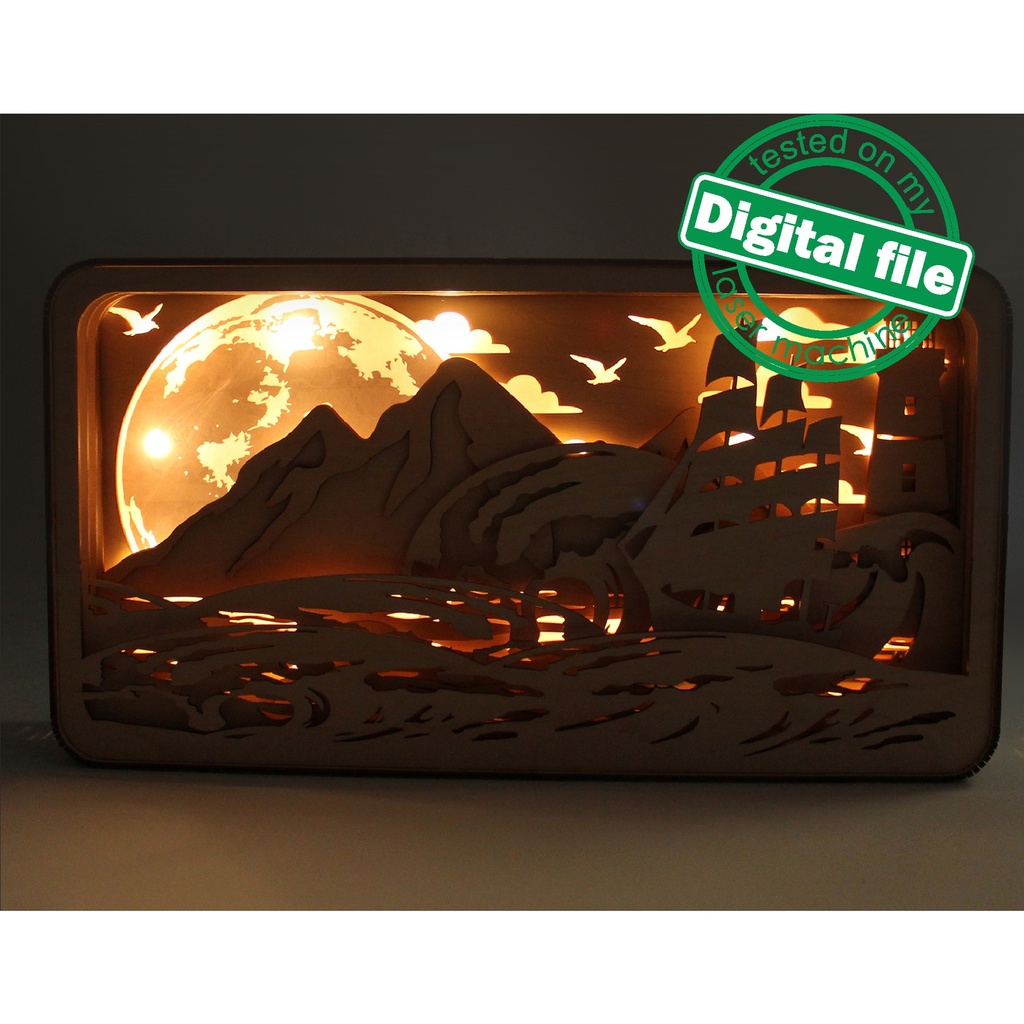 DXF, SVG files for Light Box Waves, mountains, ocean, lighthouse, ship, Engraved and Glowing moon, flexible plywood, Glowforge ready file