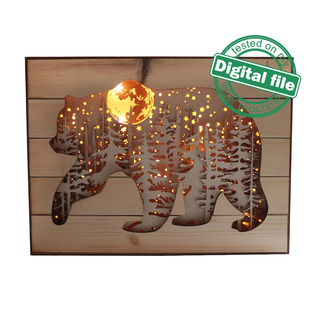 DXF, SVG files for 3D Laser Cut Large Wood Shadow Box, Multilayered Wood Sculptures, Forest, Bear, Moon, Plywood/Wood/MDF 3mm