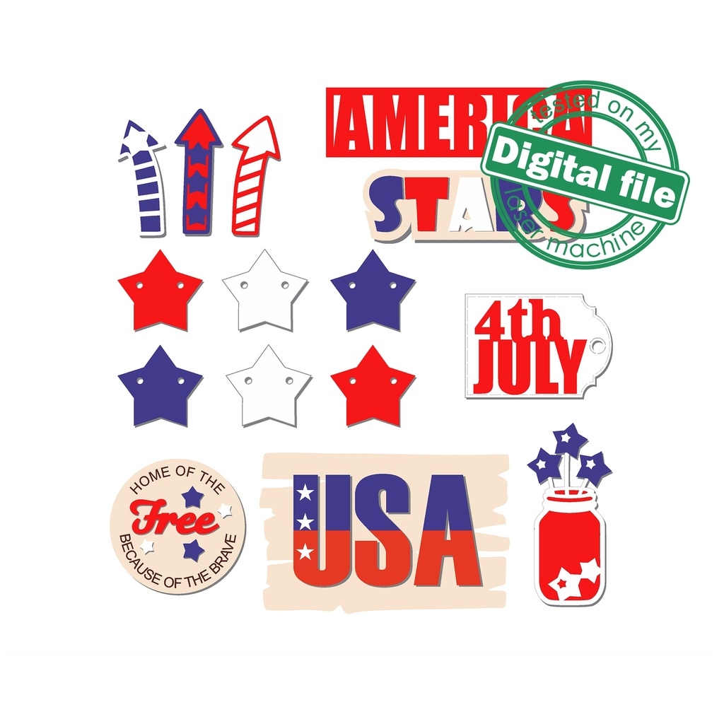 SVG, DXF, PDF Laser cut files Independence Day tiered tray decor Mega Bundle Sign Pack, Diy paint kit, Basket tags Material thickness 3.2 mm