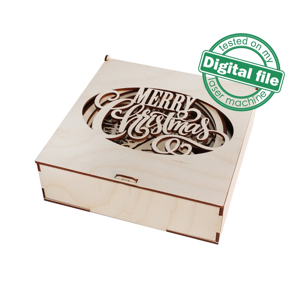 DXF, SVG files for laser Gift box Merry Christmas, Calligraphy, Holy Night, Glowforge, Material thickness 1/8 inch (3.2 mm)