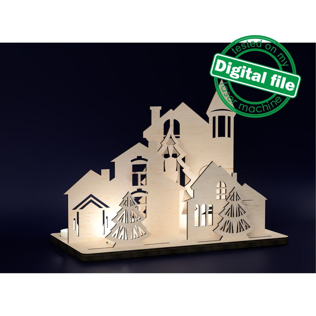 DXF, SVG files for laser Christmas decor, Tea LED Candle holders, Old castle, Winter forest, Table Centerpieces, Material 1/8'' (3.2 mm)