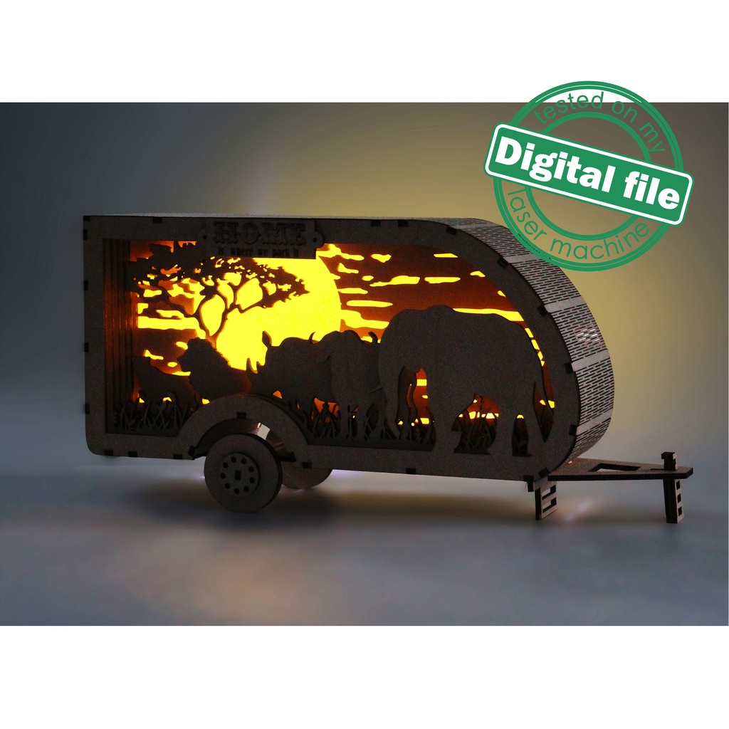 DXF, SVG files Light box Camper Africa, African Big Five, Night lamp, Elephant, Rhino,Buffalo,Lion, Leopard, Trailer,Material thickness 3 mm