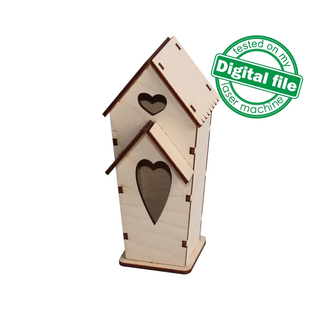 DXF, SVG files for laser decorative Birdhouse with attic and heart, Vector project, Glowforge ready, Material thickness 1/8 inch (3.2 mm)