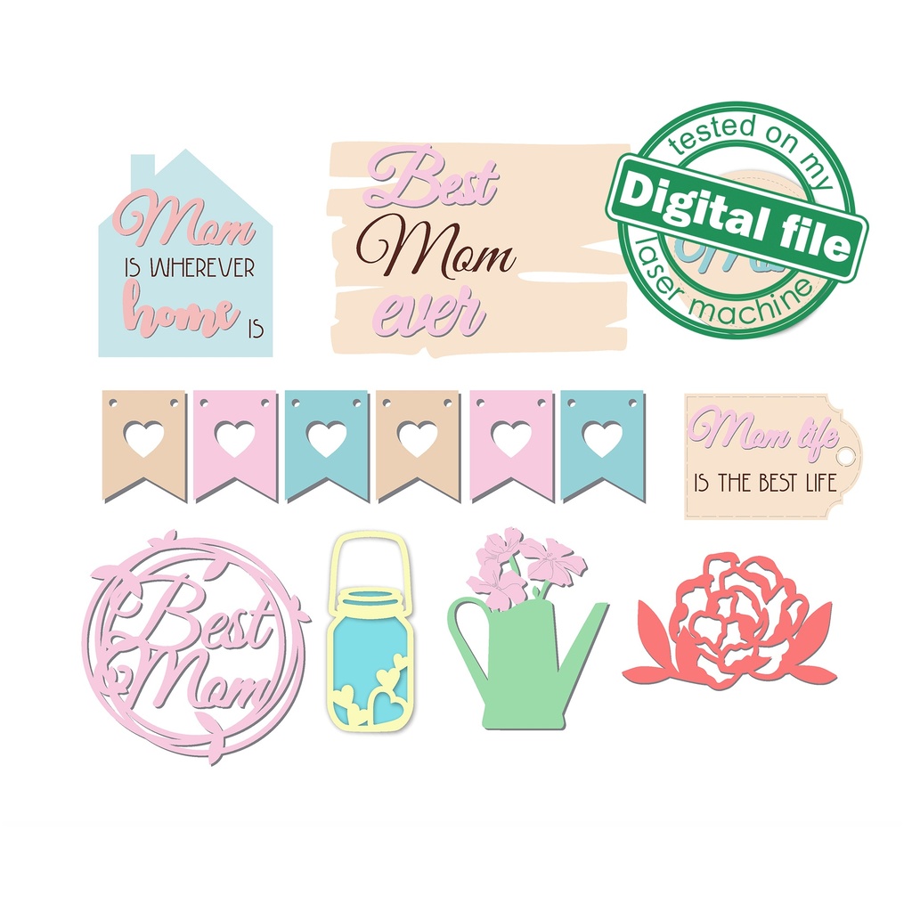 SVG, DXF Laser cut files Mother's day tiered tray decor, Mega Bundle Sign Pack, Diy paint kit, Basket tags, Material thickness 3.2 mm