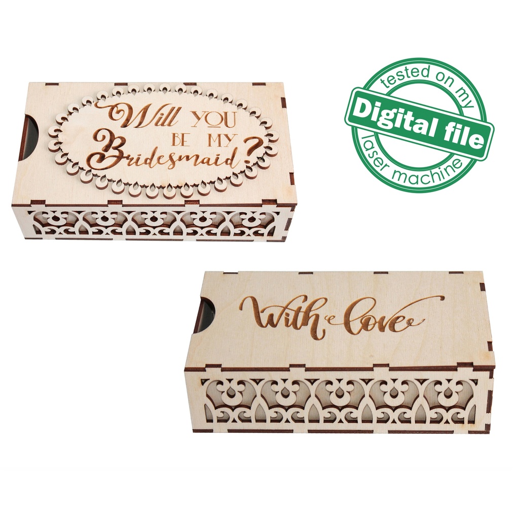 DXF, SVG files for laser Wedding chocolate gift box Will your be my Bridesmaid, Two different designs, Material thickness 1/8 inch (3.2 mm)