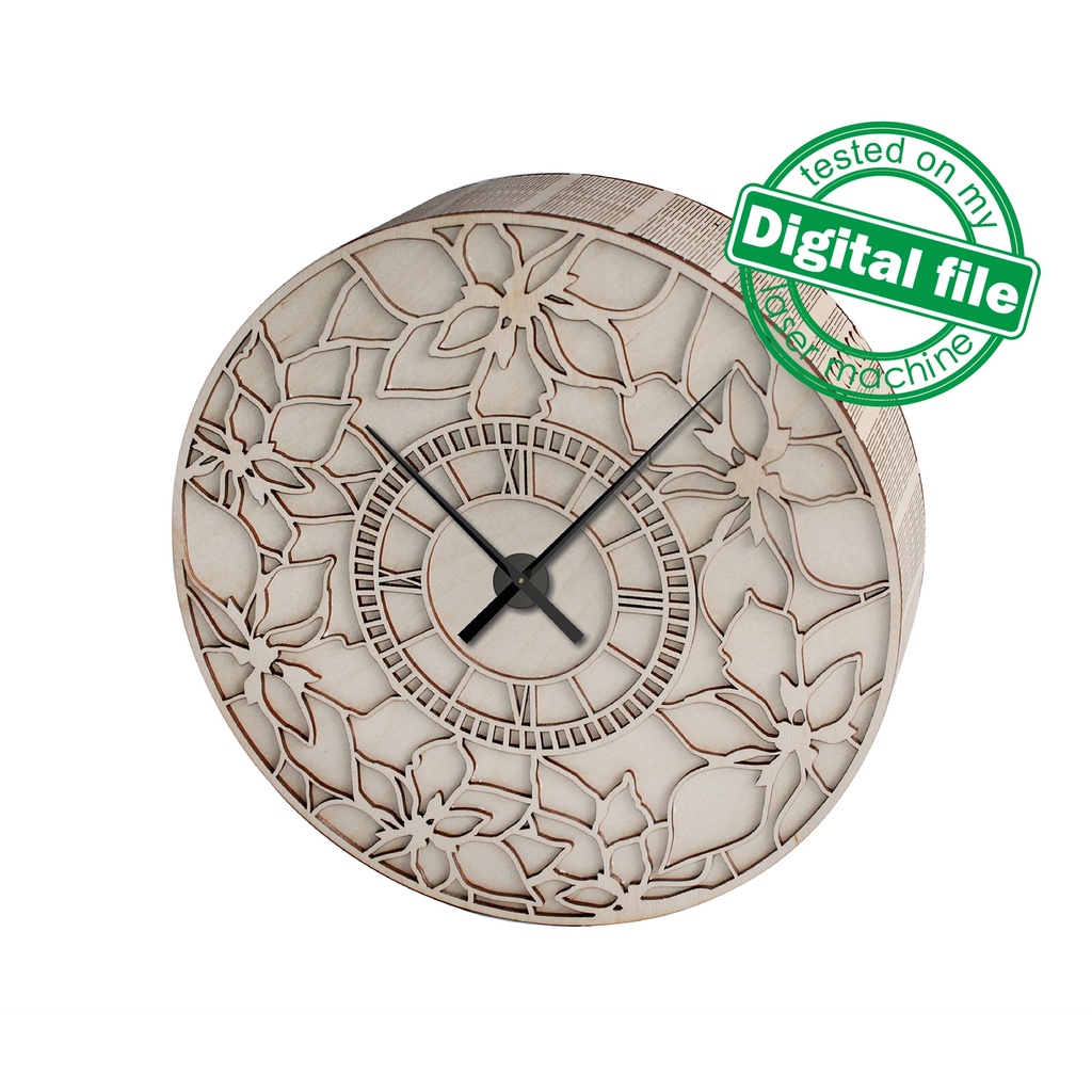 DXF, SVG files for laser Unique Modern Wall Round clock, flexible plywood, Glowforge ready, Flower clock face, Material 1/8'' (3.2 mm)