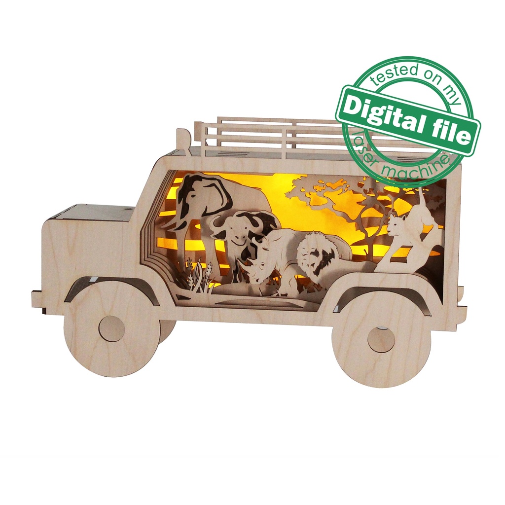 DXF, SVG files for laser Africa jeep, African big five animals, Elephant, Lion, Leopard, Rhinoceros, African Buffalo, Glowforge